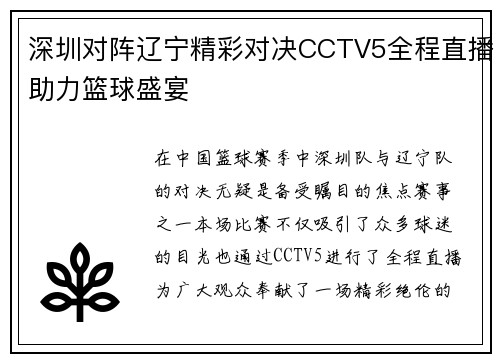 深圳对阵辽宁精彩对决CCTV5全程直播助力篮球盛宴